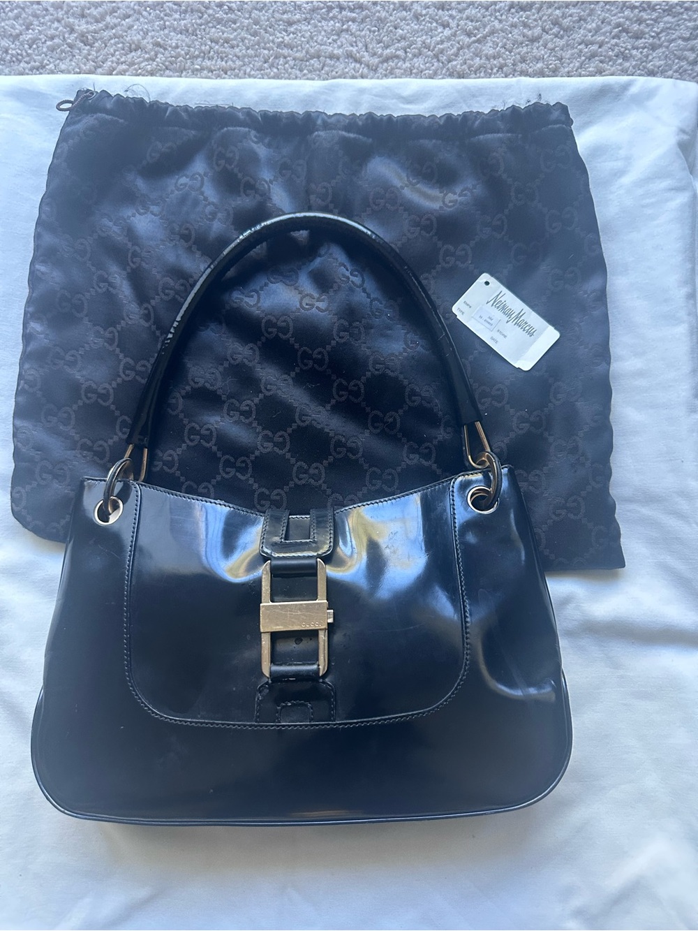 Gucci Black Patent Leather Shoulder Bag with Gold Buckle